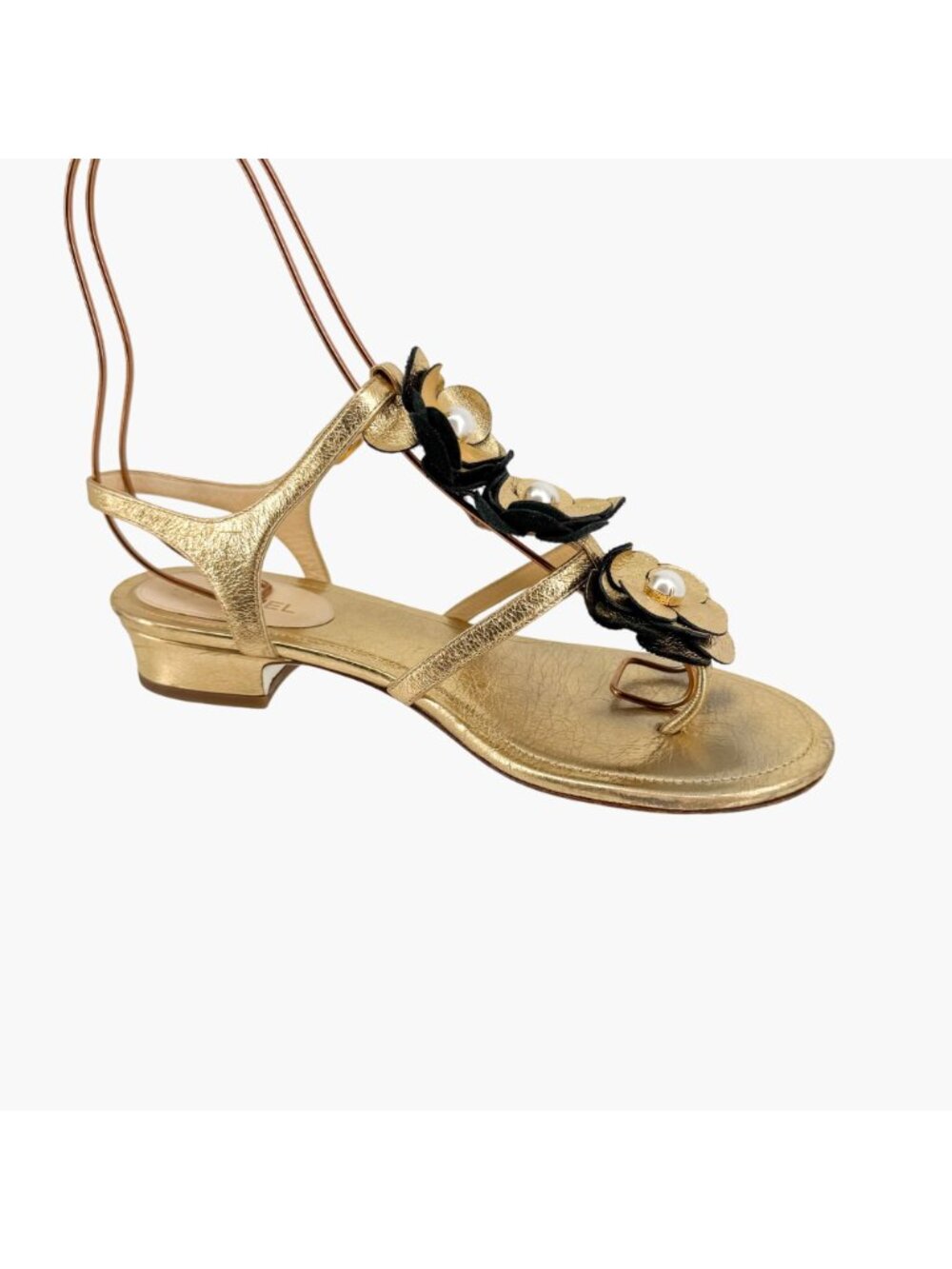 Chanel Camellia Pearl T-Strap Sandals Gold Leather Size 37C US 6–6.5 Women Flat - Picture 13 of 15